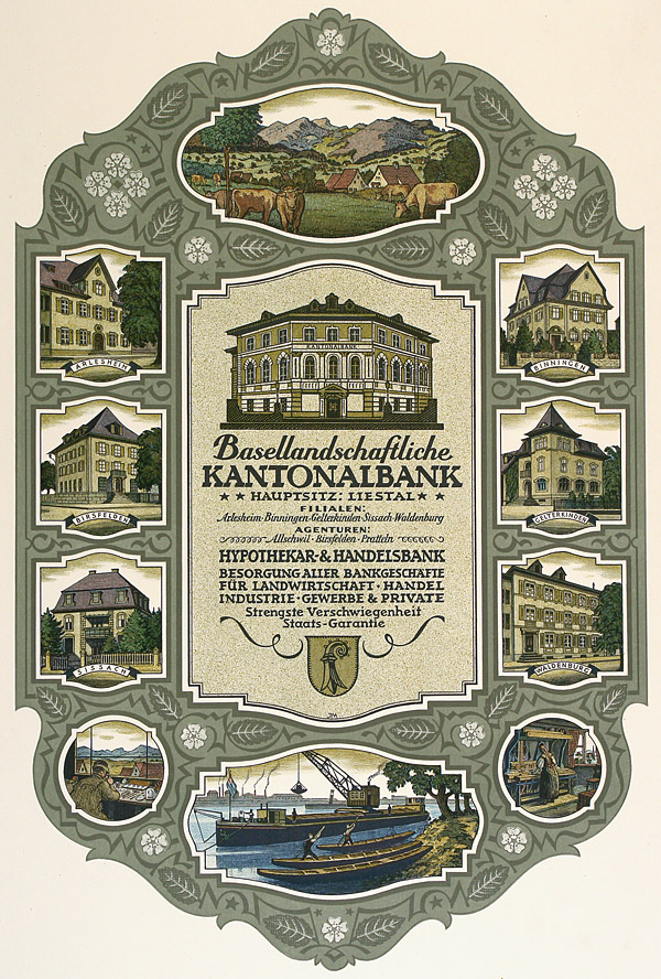 Das nicht datierte Plakat der Basellandschaftlichen Kantonalbank zeigt den Liestaler Hauptsitz mit den sechs Filialen in Arlesheim, Binningen, Birsfelden, Gelterkinden, Sissach und Waldenburg.