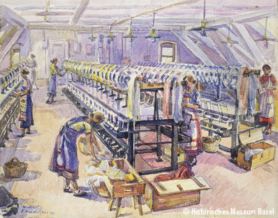 Blick in eine Seidenbandfabrik, um 1930